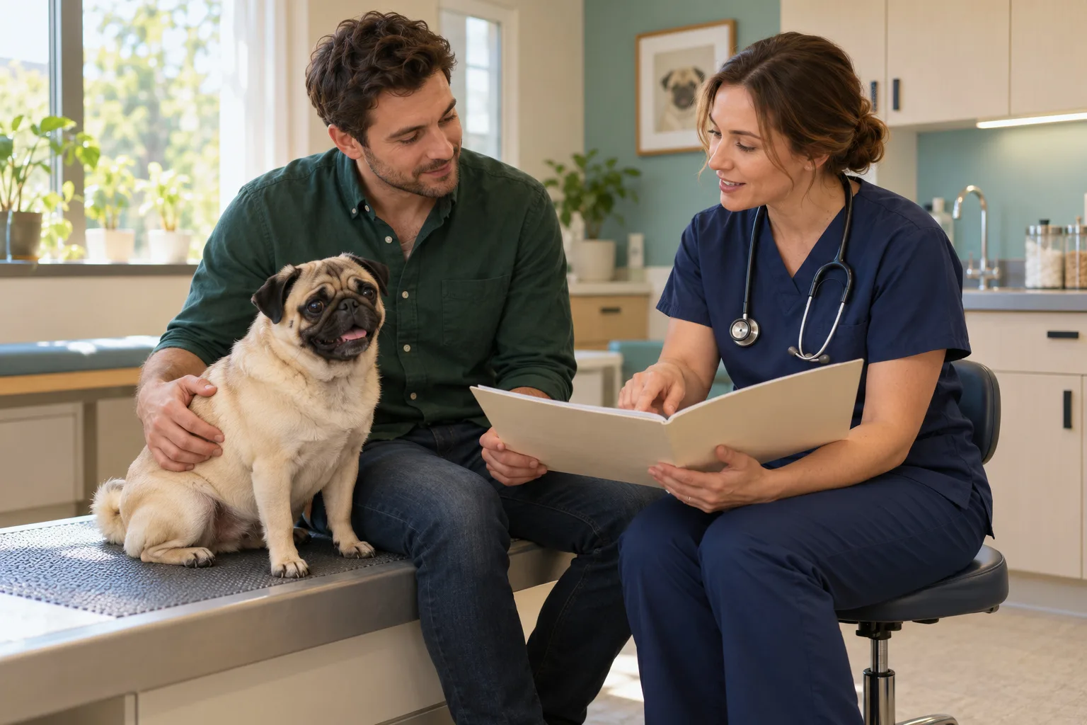 A fawn pug with its owner and a veterinary professional during a calm consultation